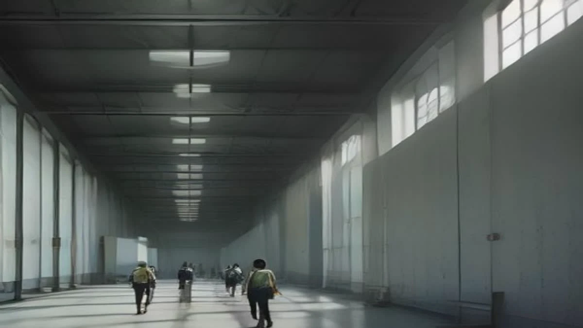 Engineers walking between rows of computing hardware in a bright industrial hall