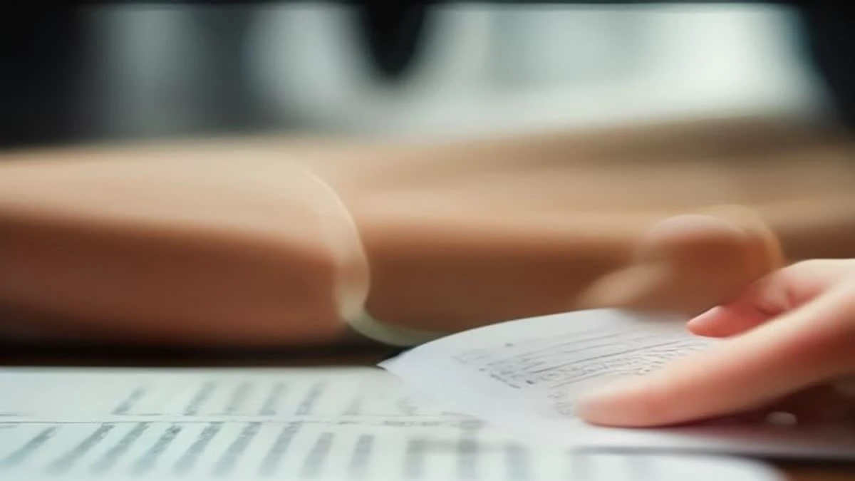 shallow depth of field close-up of a small office meeting with two people reviewing printed charts on a desk, overcast diffused light